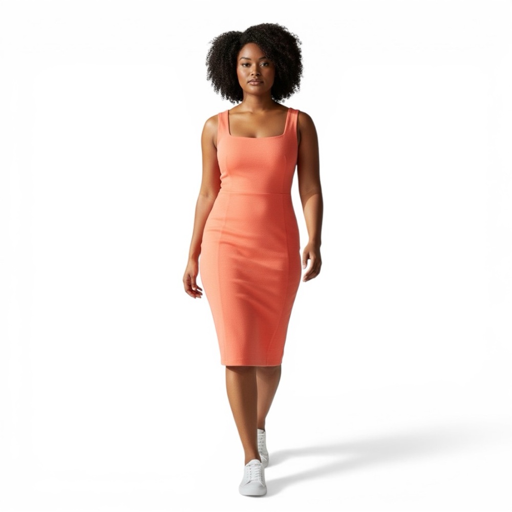 House of Harlow Coral Orange Ribbed Bodycon Midi Dress Sleeveless Scoop Neck